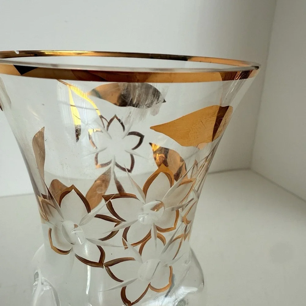 Bohemia Crystal Vase Gold Floral Etched Made‎ in Czechoslovakia Vintage READ